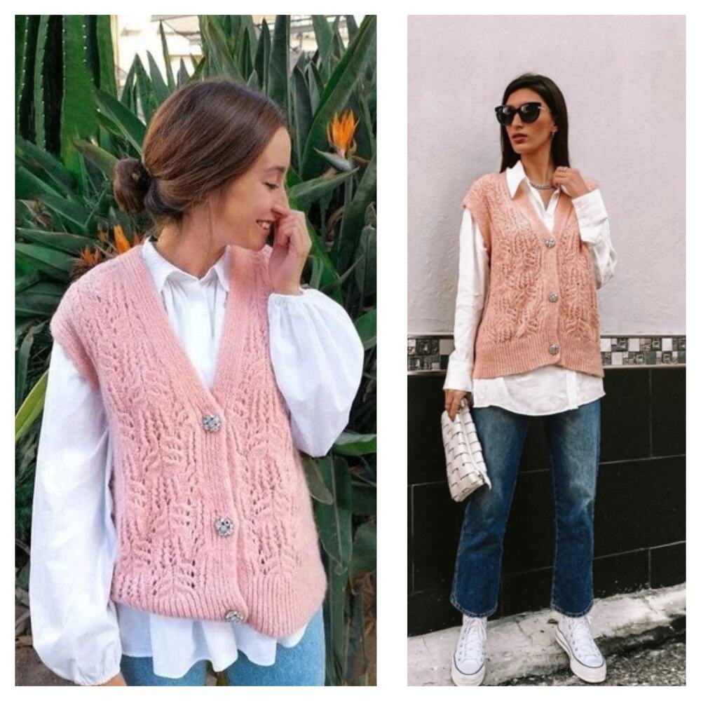 Zara Pink Jewel Button Pointelle Knit Vest Small Oversized Sweater Coquette Vday